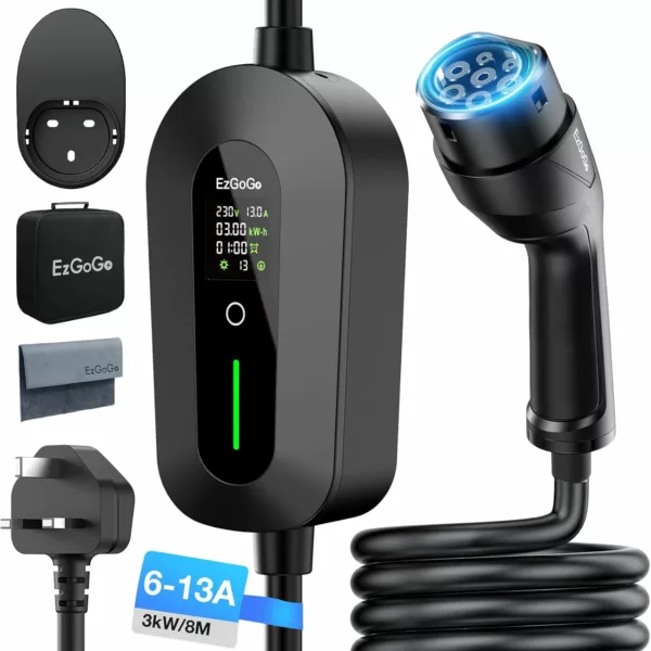 EV Charger Cable Type 2 to 3 Pin Plug 49.21Ft/15M Electric Car Charger 3kW, [6/8/10/13A] Type 2 Charging Cable 3 Pin EV Charger IP65 Advanced Protection Suitable for EVs & PHEVs